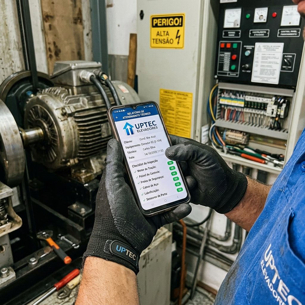Técnico da UPTEC inspecionando o quadro de comando na casa de máquinas