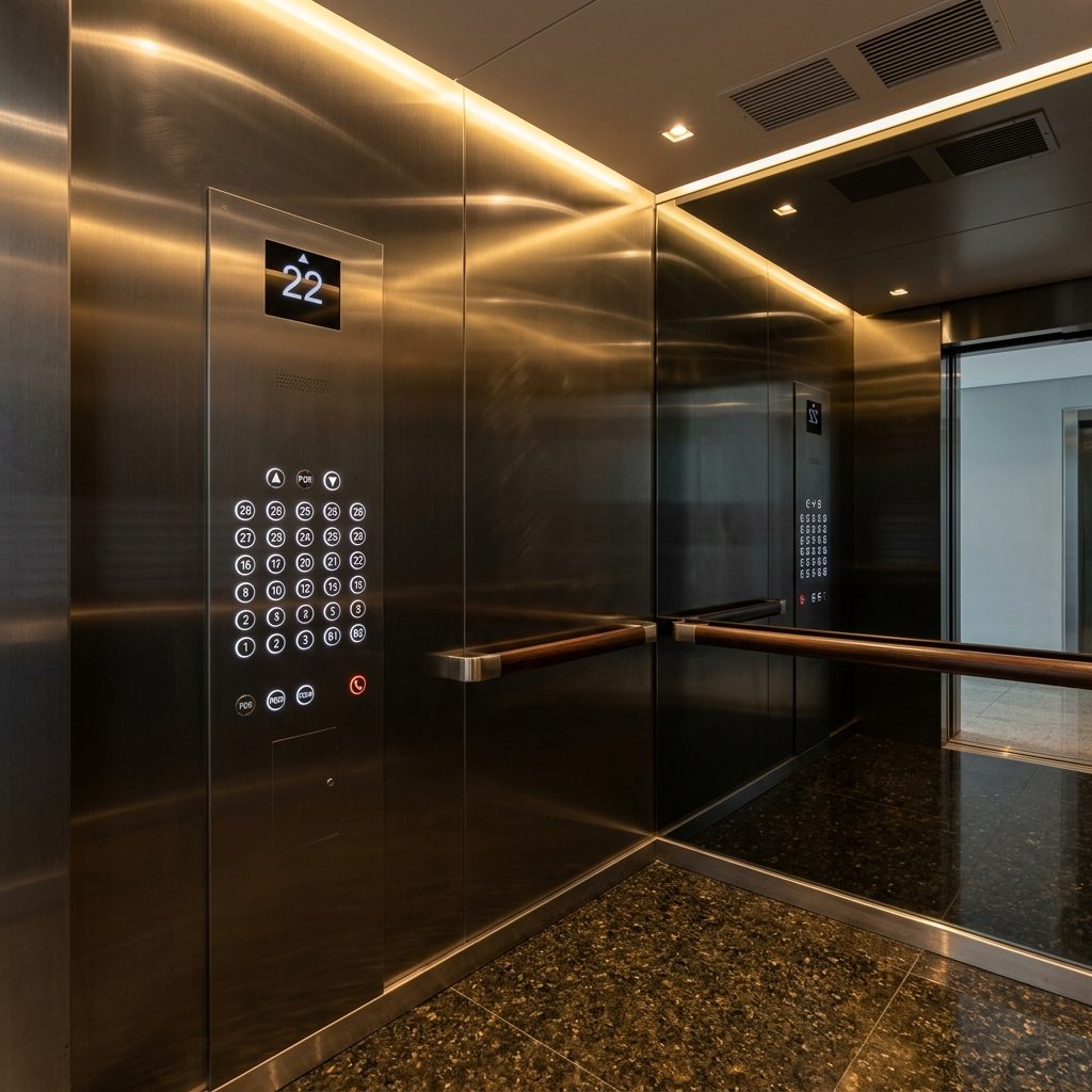 Cabine de elevador moderna em aço escovado com iluminação dourada