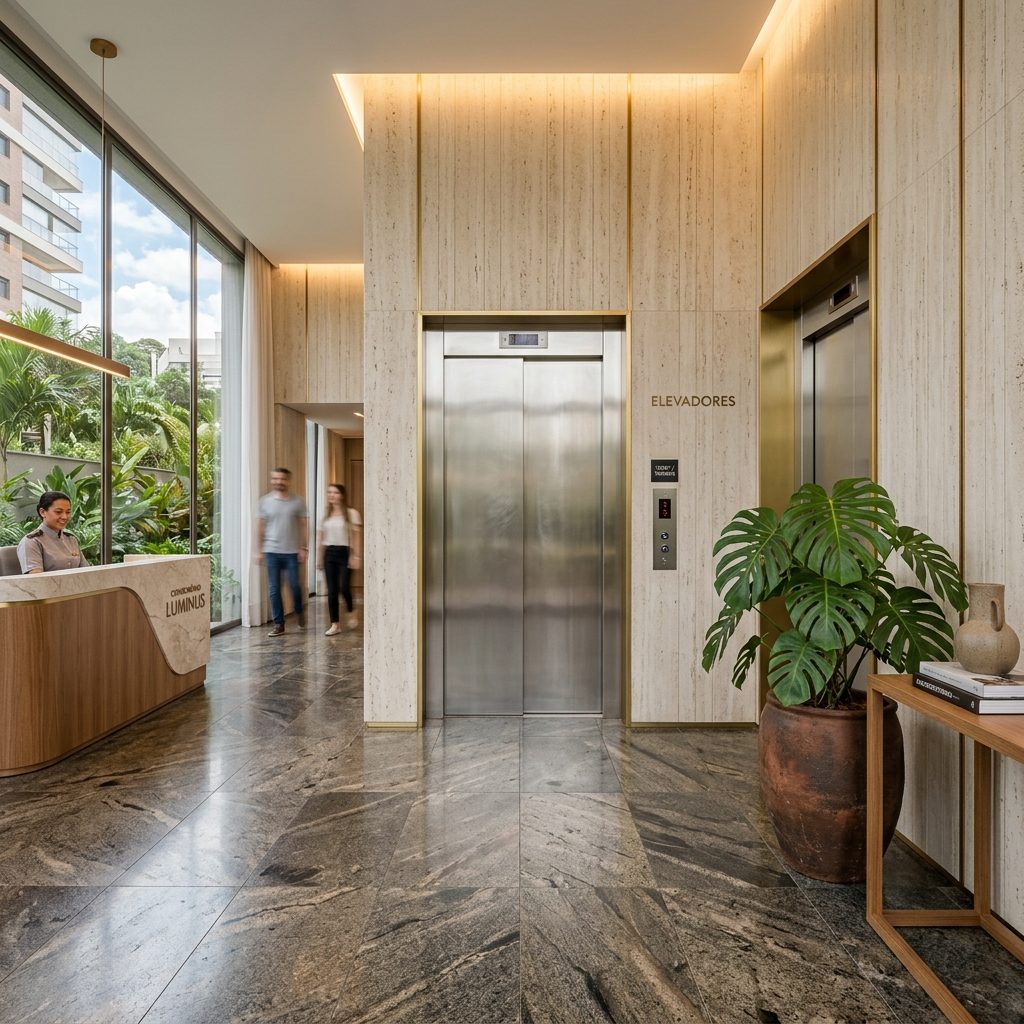 Hall de entrada de condomínio com elevadores em acabamento de mármore e detalhes dourados