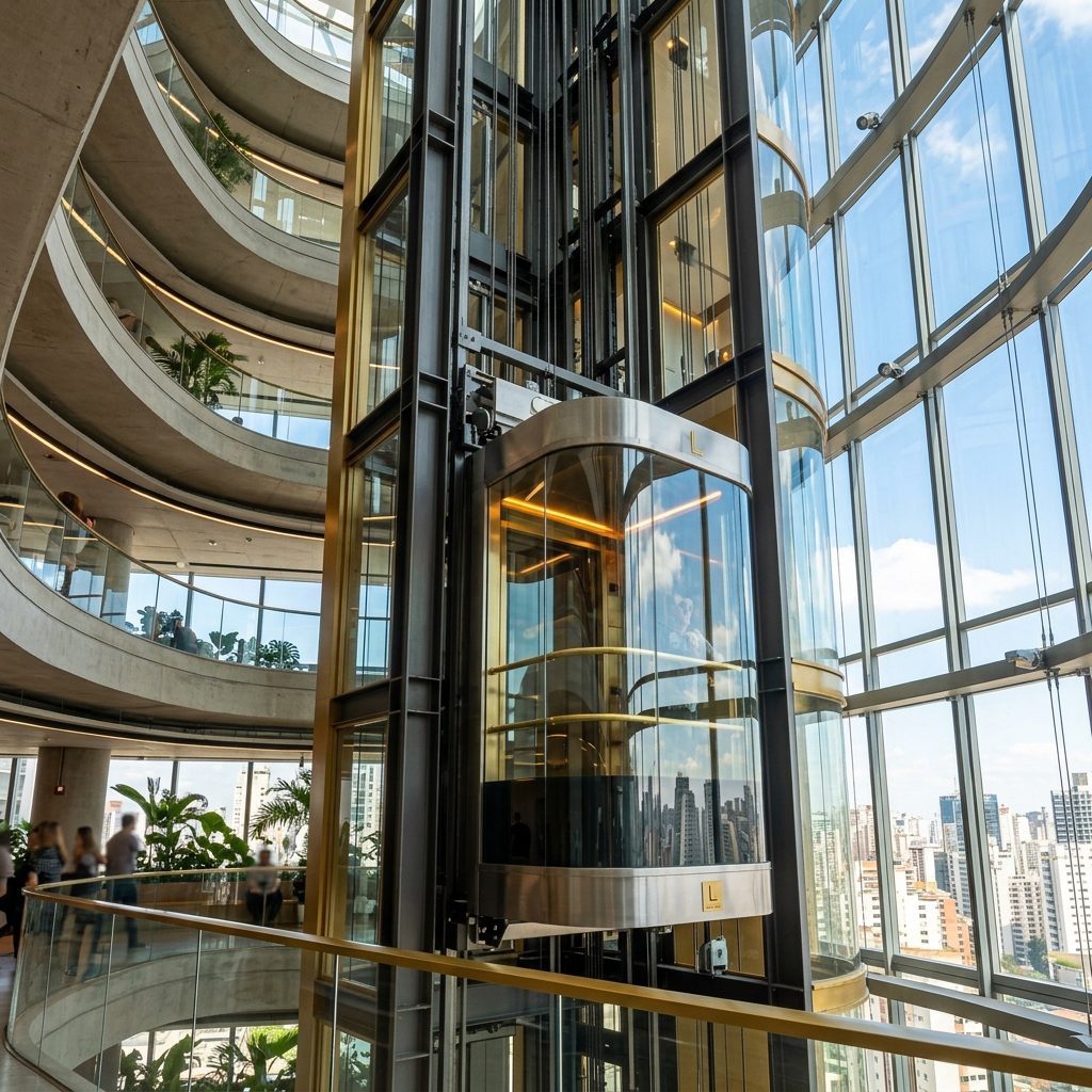 Elevador panorâmico de fachada envidraçada em edifício de andares altos, com vista da cidade
