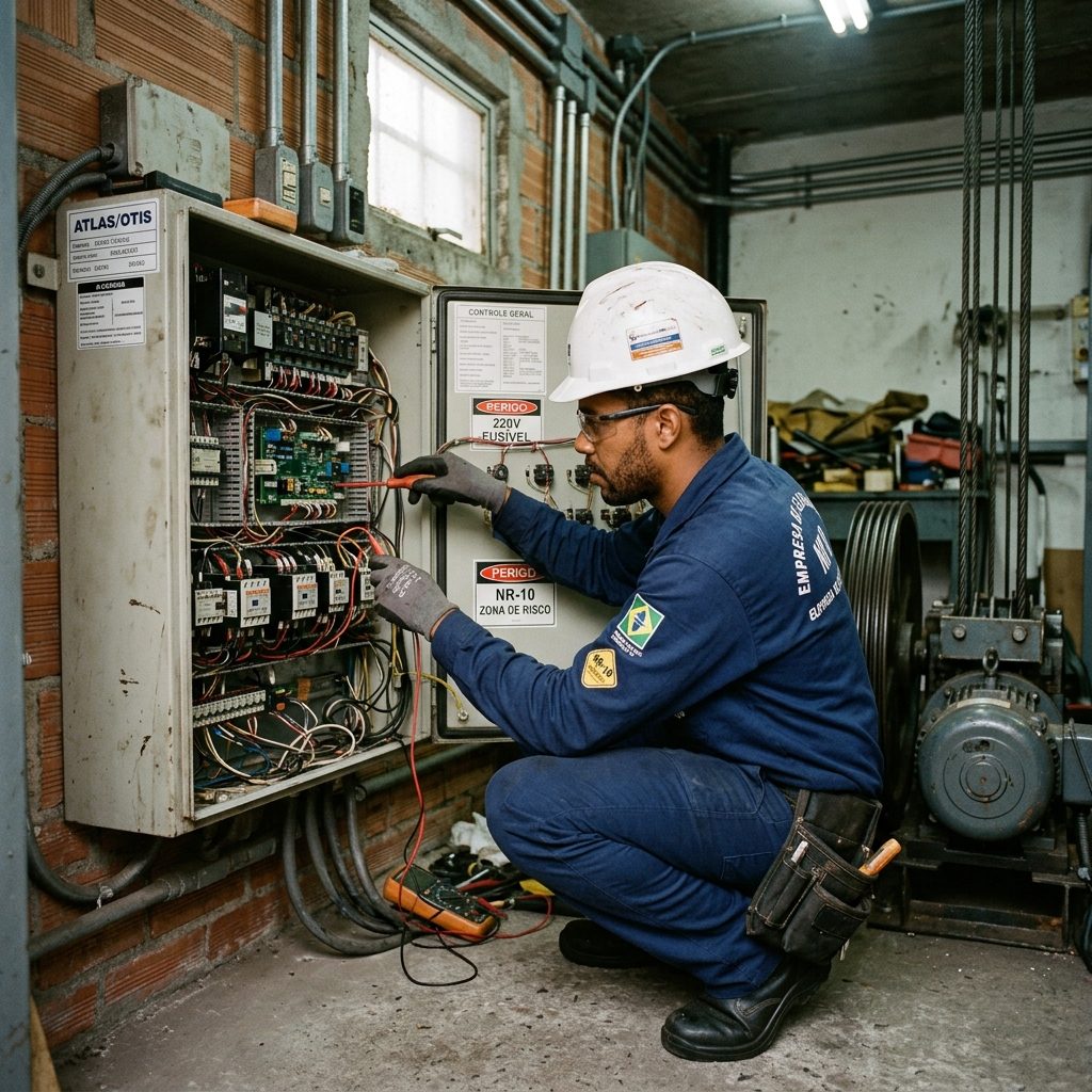 Técnico da UPTEC inspecionando o quadro de comando na casa de máquinas